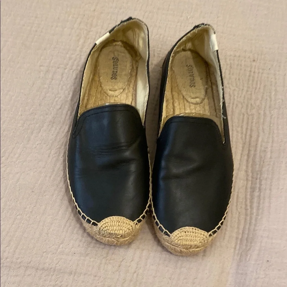 Soludos Classic Black Leather Espadrilles. Size 10